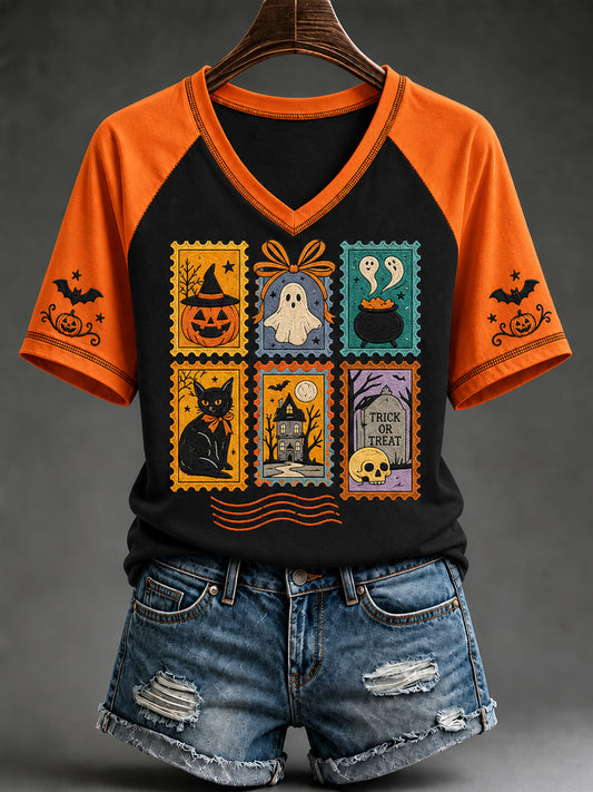 Women's Halloween Cute Ghost Pumpkin Cat  V-neck Short Sleeve T-shirt
