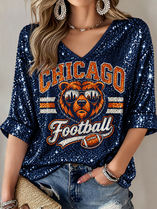 Women's Football Gameday Gift For Football Fans Mid-length Sleeves V-Neck T-Shirt