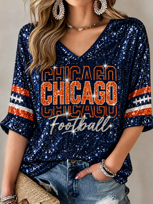 Women's Football Gameday Gift For Football Fans Mid-length Sleeves V-Neck T-Shirt