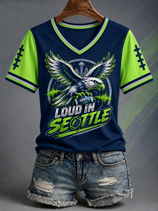 Women's Loud In Seattle Football Gameday Gift For Football Fans Casual V-Neck Tee
