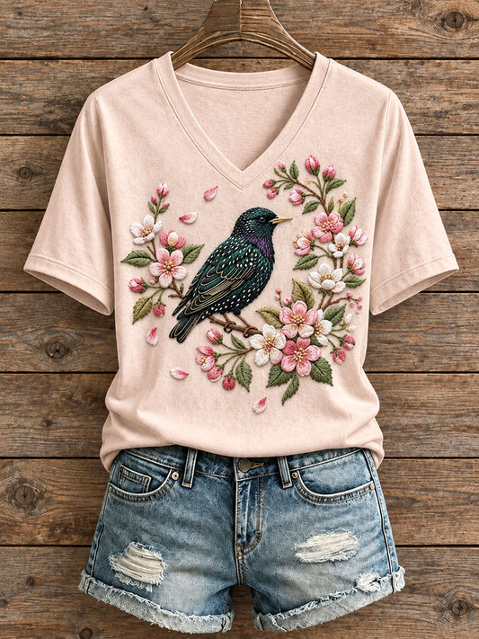 Women's Floral and Bird Pattern V-Neck T-Shirt