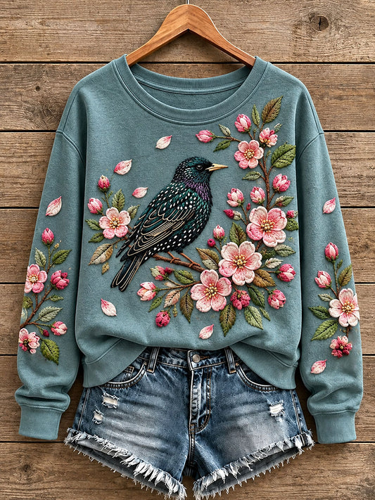 Women's Floral and Bird Pattern Sweatshirt
