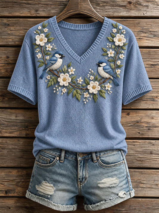 Women's Floral and Bird Pattern V-Neck Knit Top