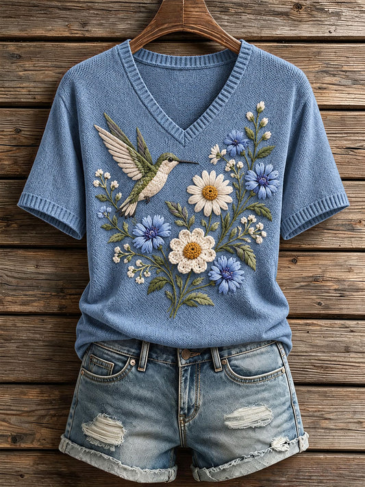 Women's Floral and Bird Pattern V-Neck Knit Top