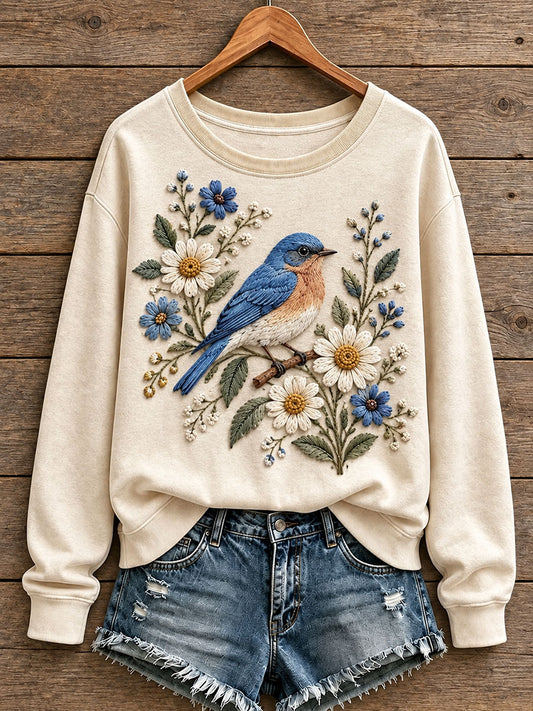 Women's Floral and Bird Pattern Sweatshirt