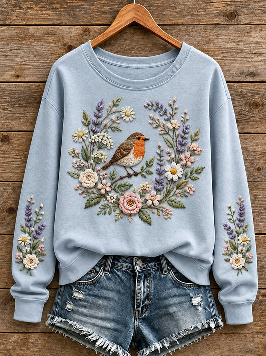 Women's Floral and Bird Pattern Sweatshirt