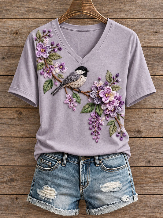 Women's Floral and Bird Pattern V-Neck T-Shirt