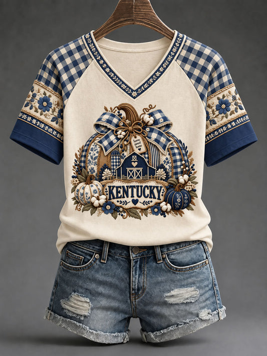 Women's Kentucky Pumpkin Print Casual T-Shirt