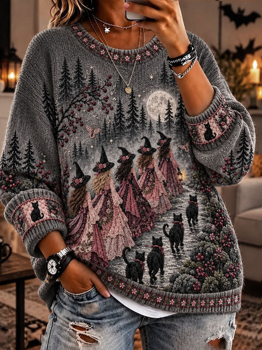Women's Halloween Witch Cat Crew Neck Sweater