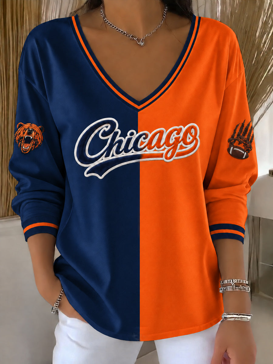 Women's Football Gameday Gift For Football Fans V-Neck Long Sleeve T-Shirt