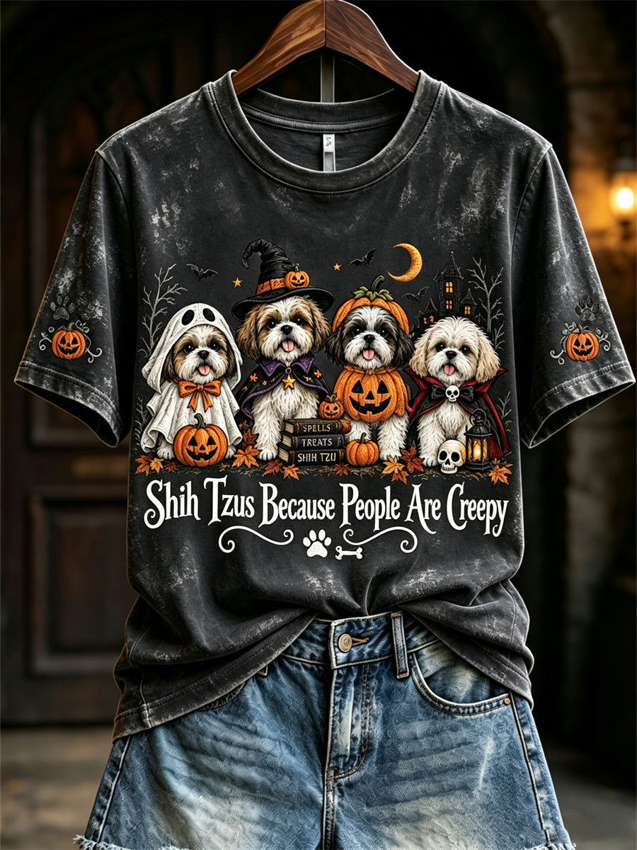 Women's Shih Tzus Because People Are Creepy Halloween Dogs Print short-sleeved T-shirt