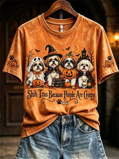 Women's Shih Tzus Because People Are Creepy Halloween Dogs Print short-sleeved T-shirt
