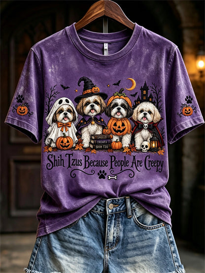 Women's Shih Tzus Because People Are Creepy Halloween Dogs Print short-sleeved T-shirt