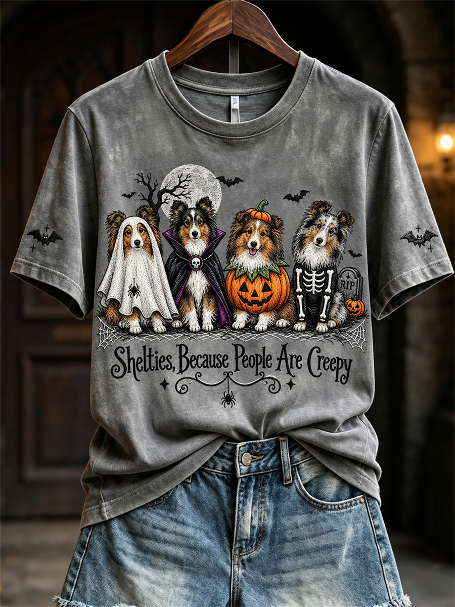 Women's Shelties Because People Are Creepy Halloween Dogs Print short-sleeved T-shirt