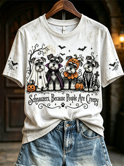 Women's Schnauzers Because People Are Creepy Halloween Dogs Print short-sleeved T-shirt