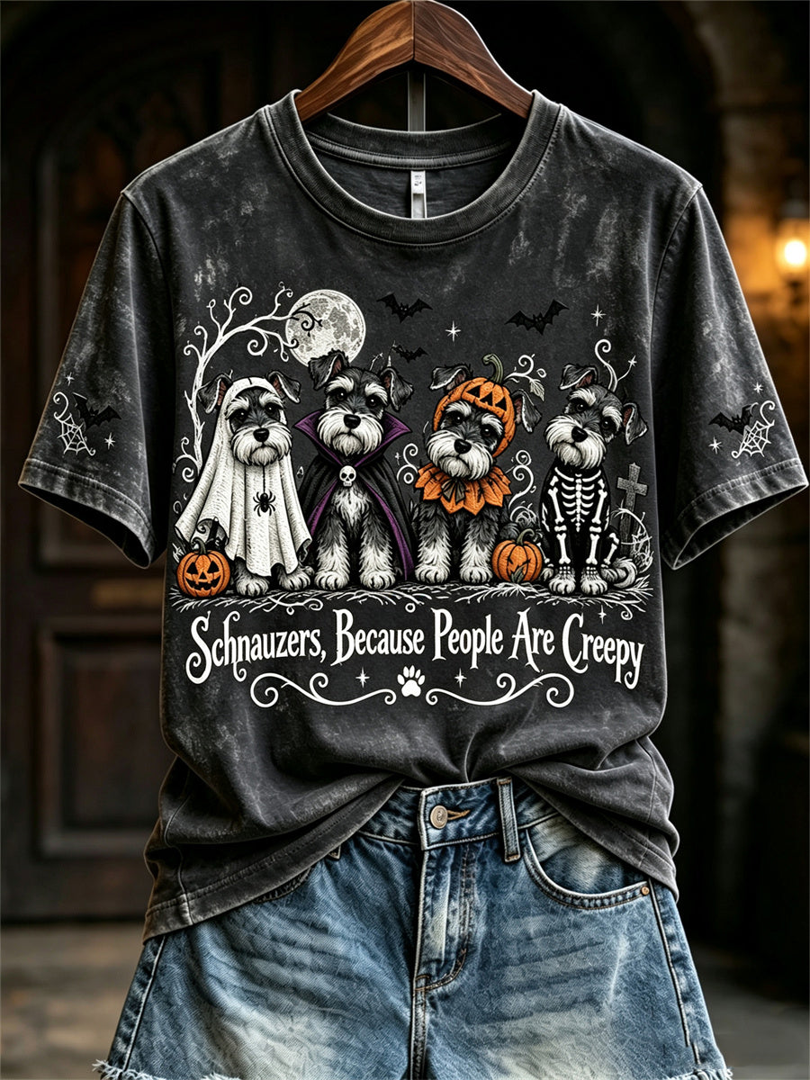Women's Schnauzers Because People Are Creepy Halloween Dogs Print short-sleeved T-shirt