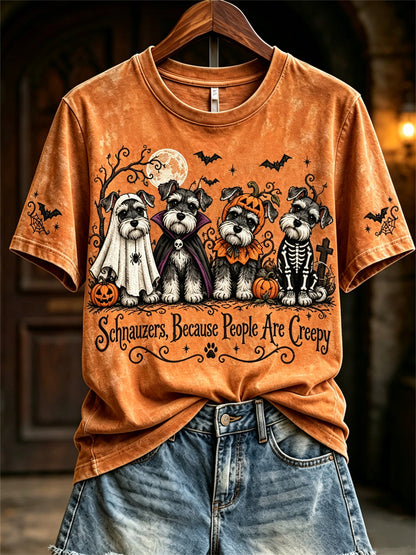 Women's Schnauzers Because People Are Creepy Halloween Dogs Print short-sleeved T-shirt