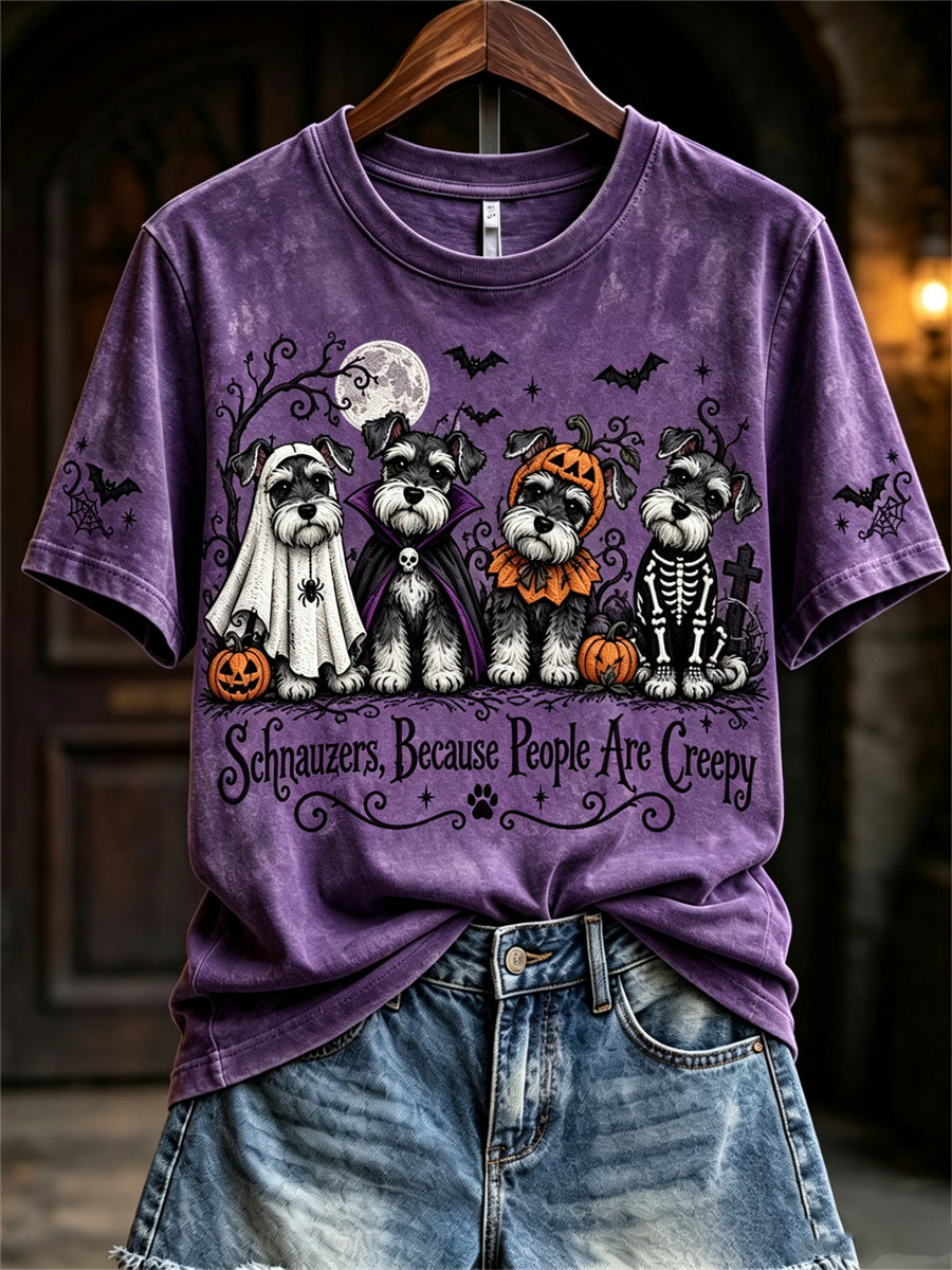 Women's Schnauzers Because People Are Creepy Halloween Dogs Print short-sleeved T-shirt