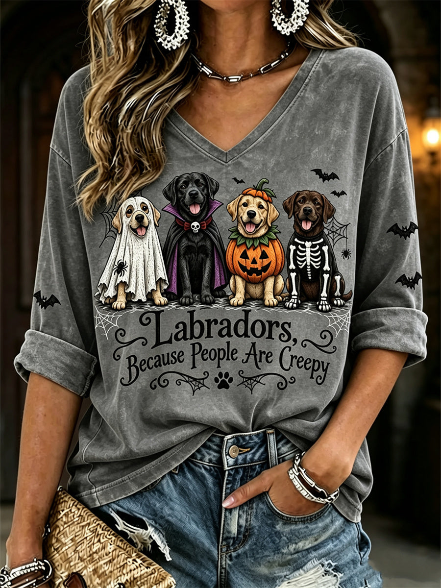 Women's Labradors Because People Are Creepy Halloween Dogs Print Mid-length Sleeves V-Neck T-Shirt
