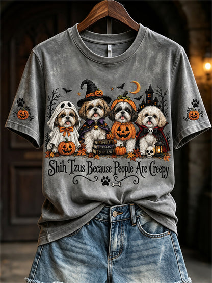 Women's Shih Tzus Because People Are Creepy Halloween Dogs Print short-sleeved T-shirt