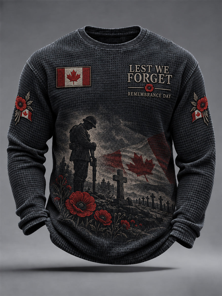 Men's Lest We Forget Canada Remembrance Day Print Waffle Long Sleeve T-Shirt