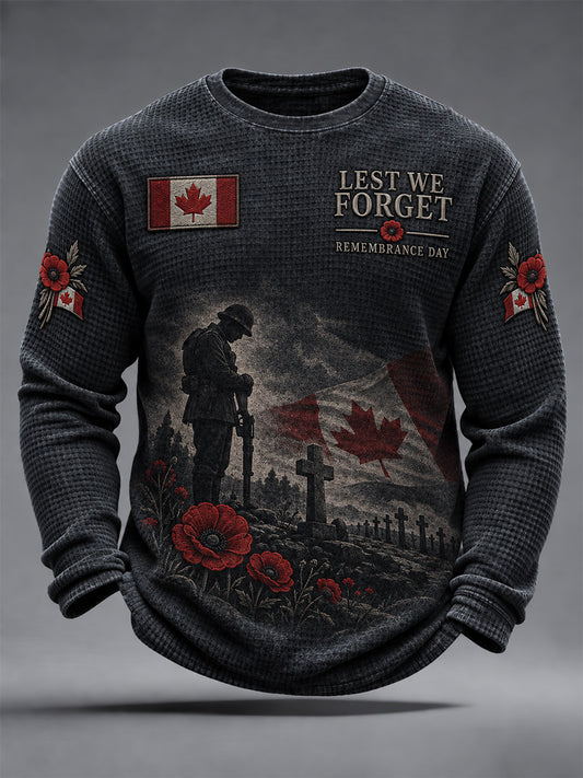 Men's Lest We Forget Canada Remembrance Day Print Waffle Long Sleeve T-Shirt