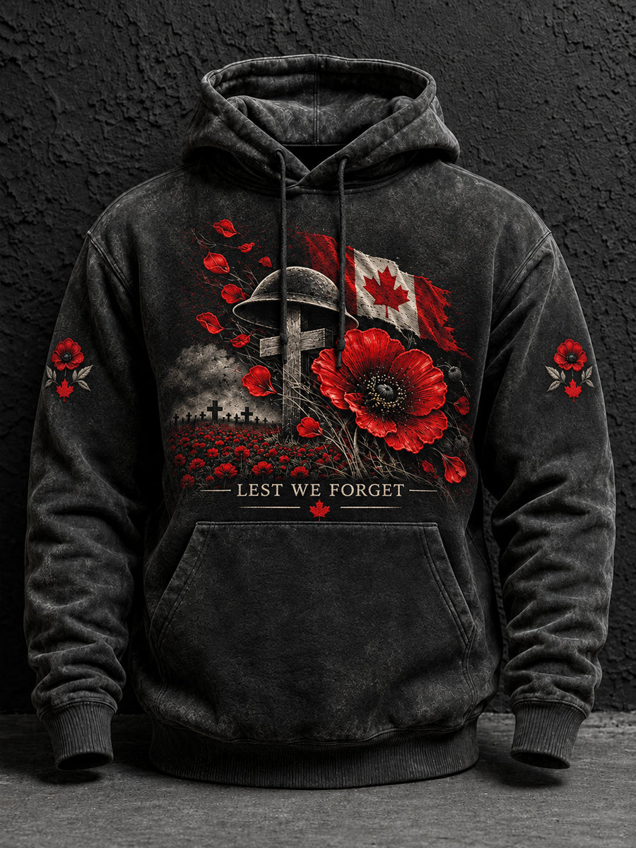 Men's Lest We Forget Canada Remembrance Day Print Oversized Drop-Shoulder Hoodie