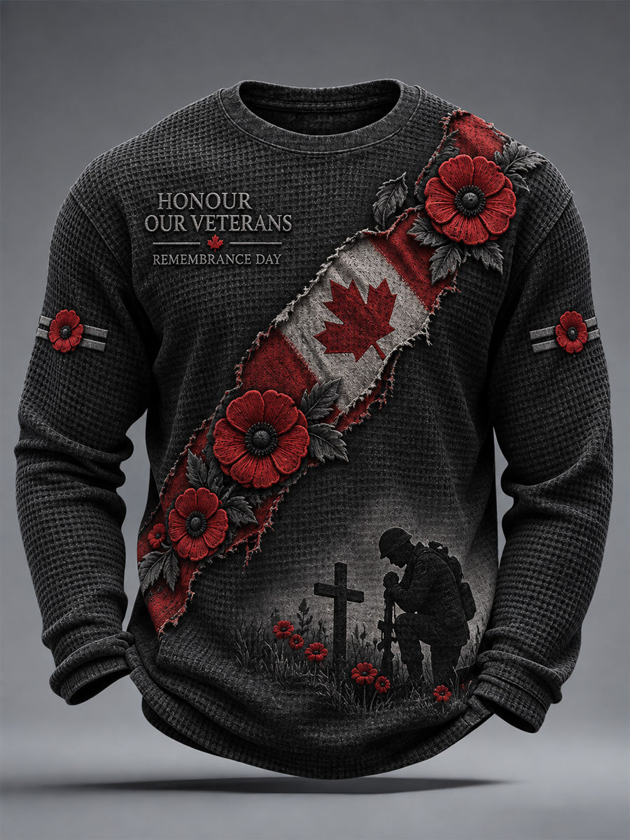 Men's Lest We Forget Canada Remembrance Day Print Waffle Long Sleeve T-Shirt