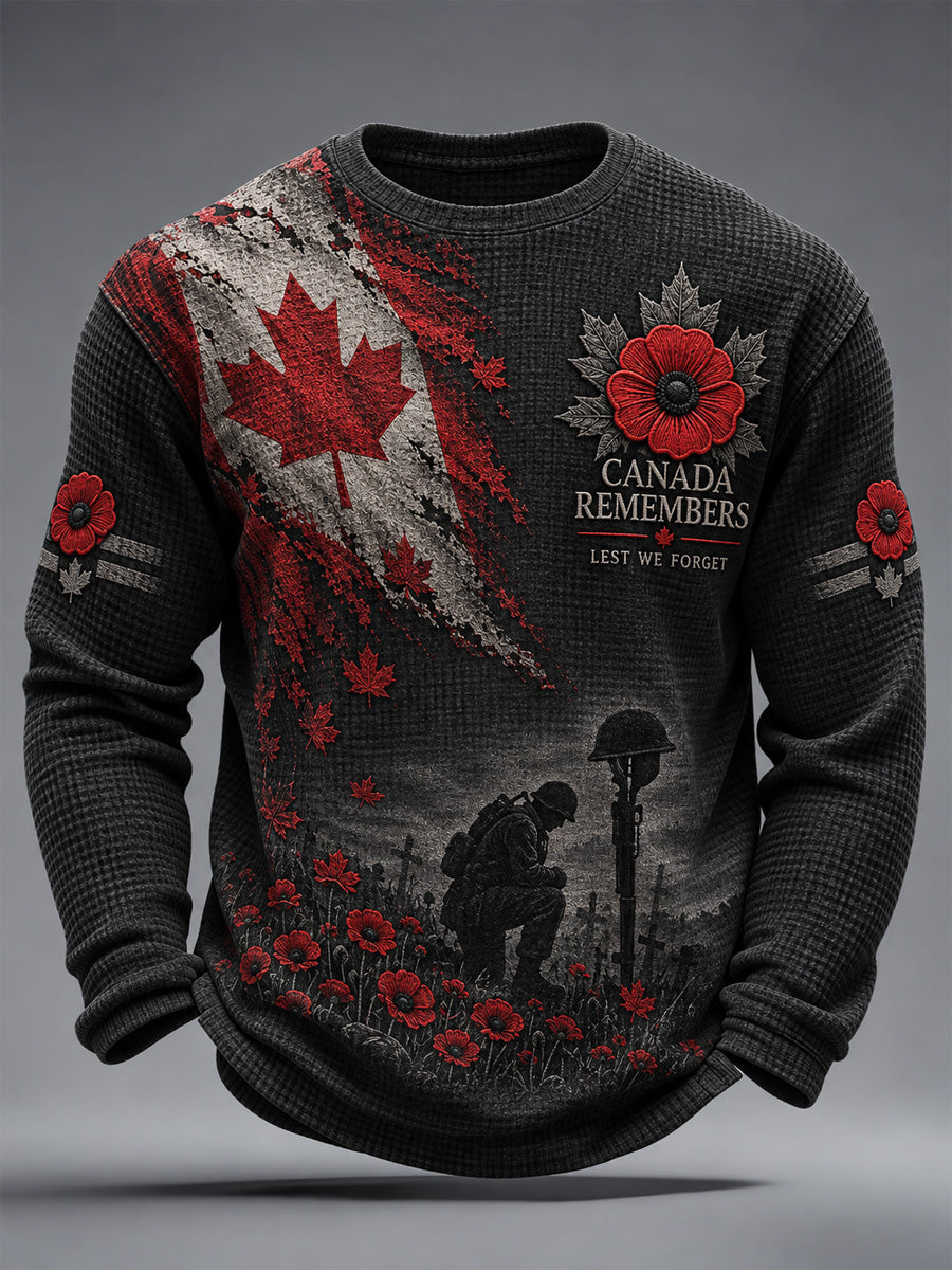 Men's Lest We Forget Canada Remembrance Day Print Waffle Long Sleeve T-Shirt