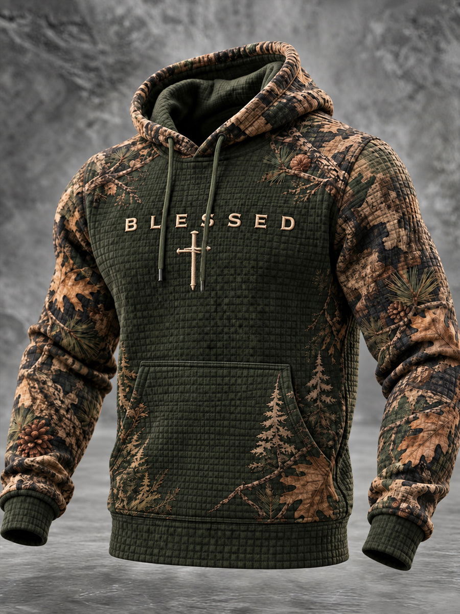 Men's Retro Christian Blessed Cross Print Casual Hoodie