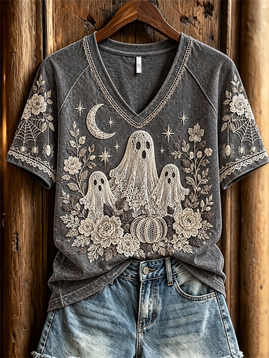 Women's Classy Halloween Ghost Floral Art Print short-sleeved T-shirt