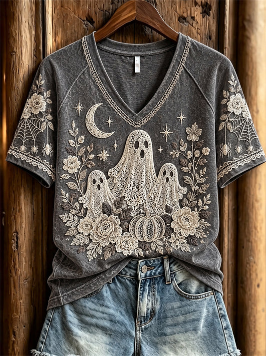 Women's Classy Halloween Ghost Floral Art Print short-sleeved T-shirt