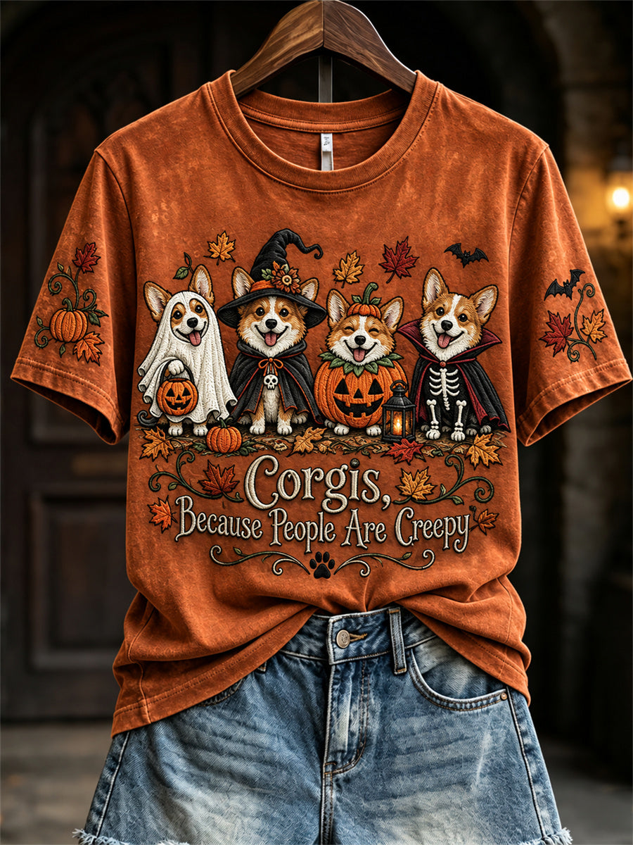 Women's Corgis Because People Are Creepy Fall Halloween Dogs Print short-sleeved T-shirt