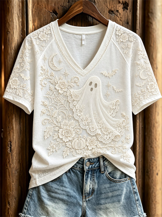 Women's Classy Halloween Ghost Floral Art Print short-sleeved T-shirt