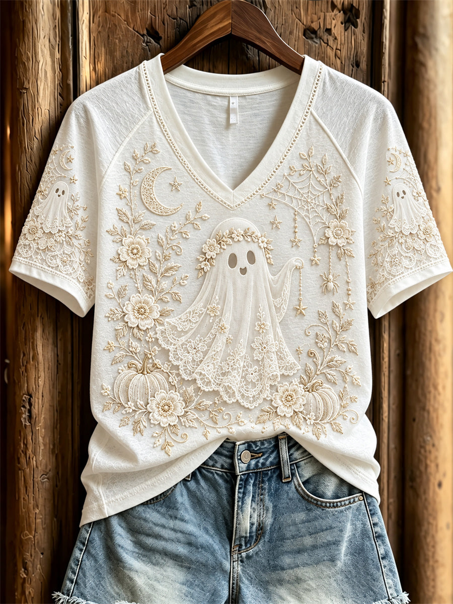 Women's Classy Halloween Ghost Floral Art Print short-sleeved T-shirt