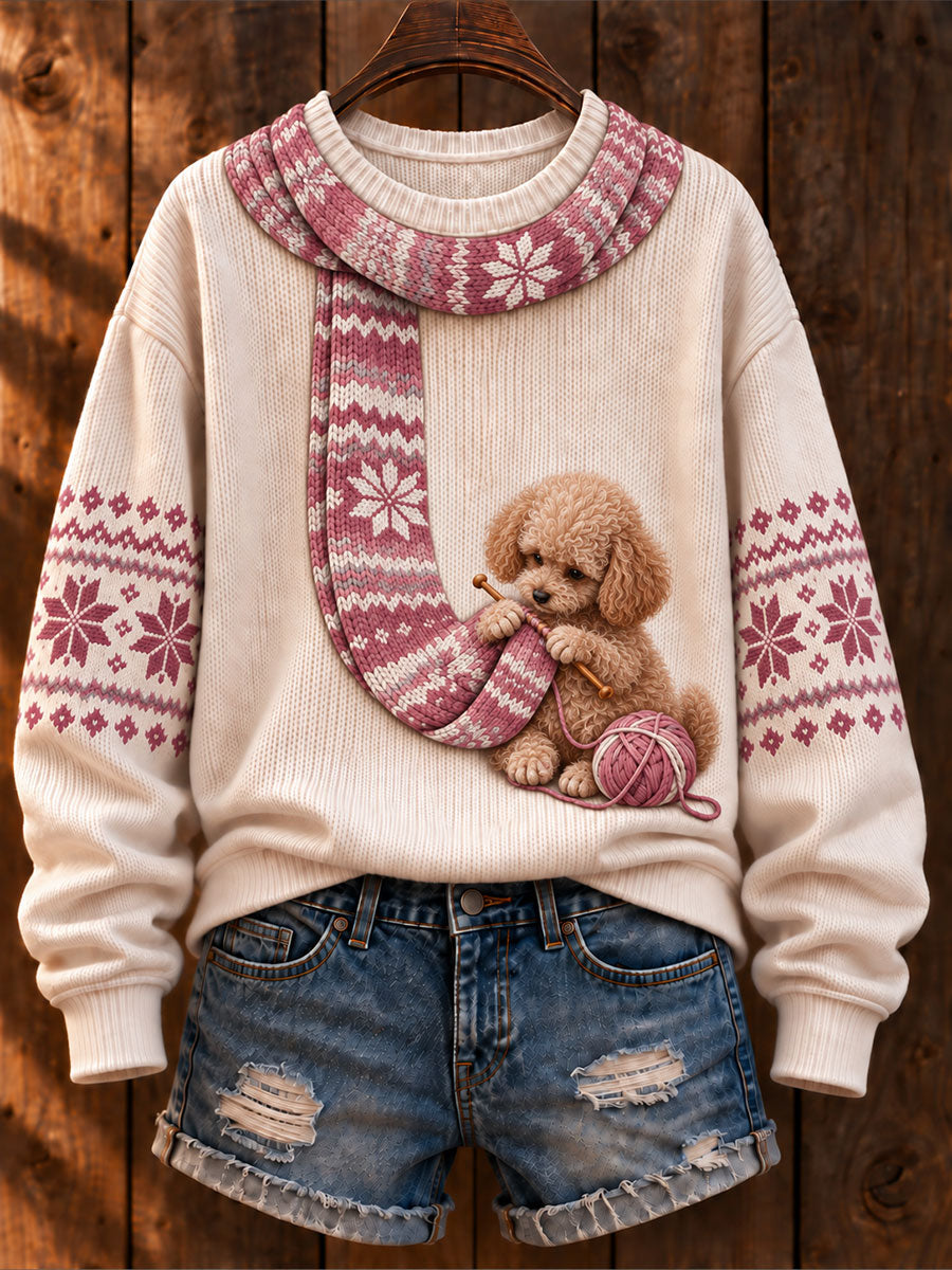Women's "Dog Knitting a Scarf" Poodle Art-Print Casual Sweater