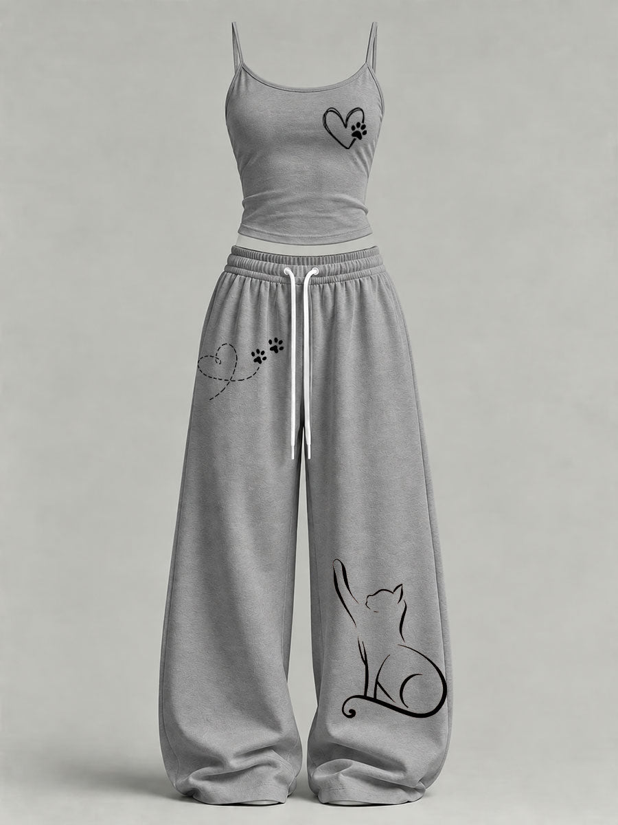 Women's Cute Cat Print Casual Set