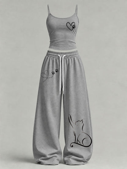 Women's Cute Cat Print Casual Set