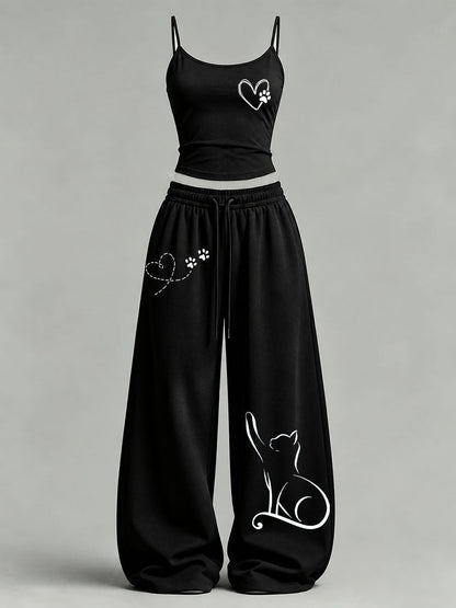 Women's Cute Cat Print Casual Set