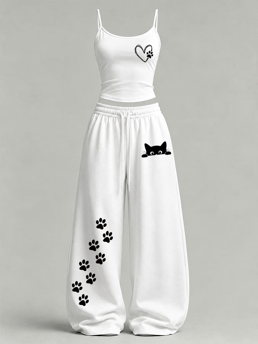 Women's Cute Cat Print Casual Set