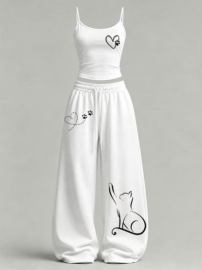 Women's Cute Cat Print Casual Set