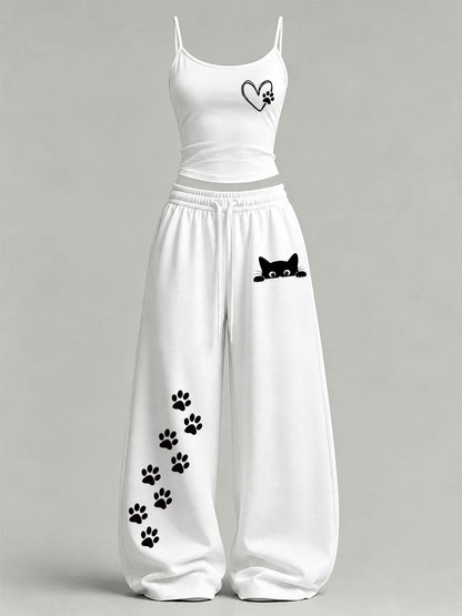 Women's Cute Cat Print Casual Set