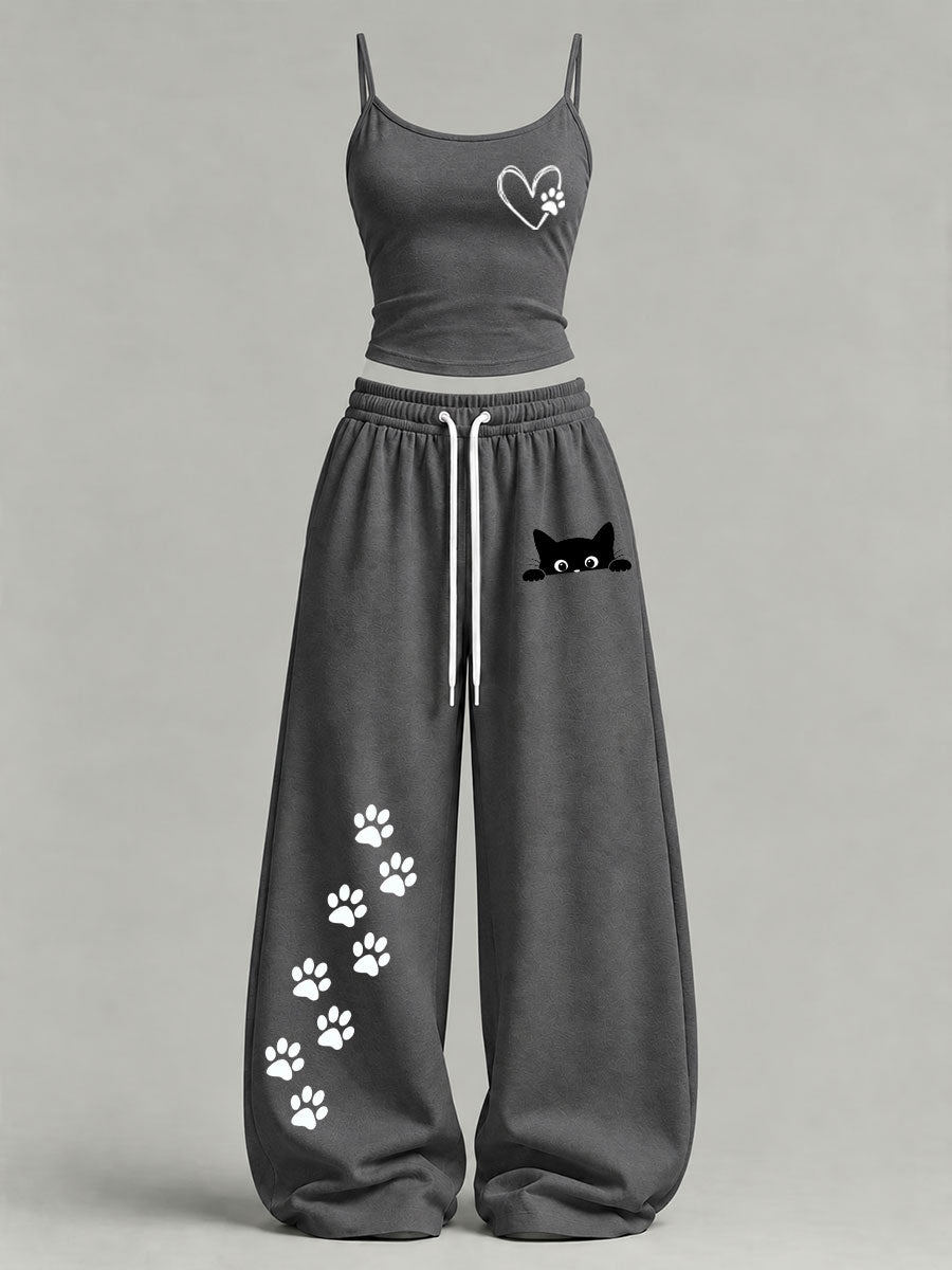 Women's Cute Cat Print Casual Set