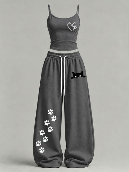 Women's Cute Cat Print Casual Set