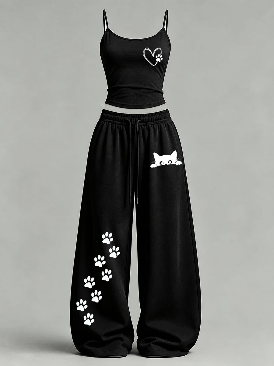 Women's Cute Cat Print Casual Set
