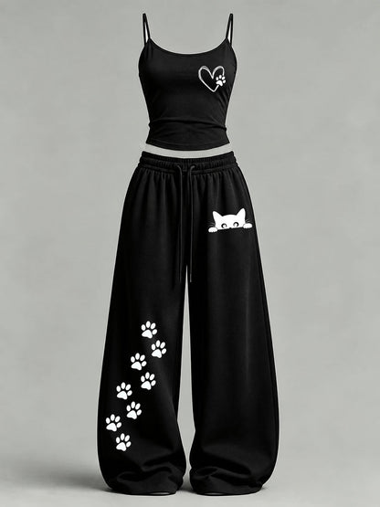 Women's Cute Cat Print Casual Set