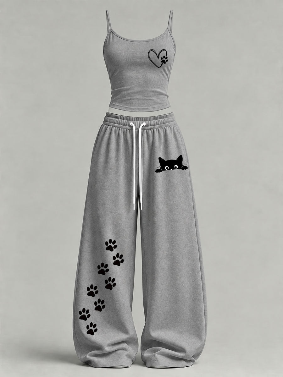 Women's Cute Cat Print Casual Set