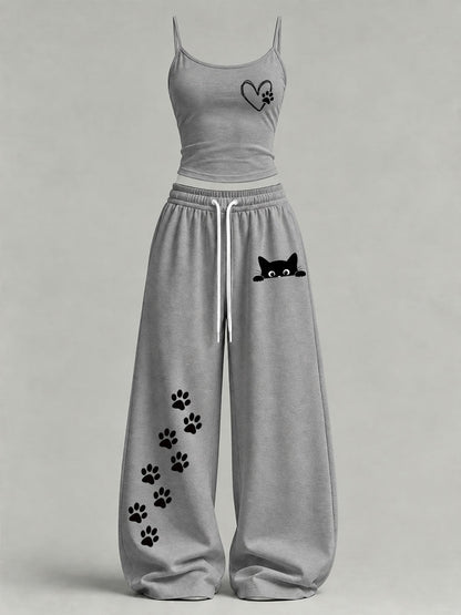Women's Cute Cat Print Casual Set