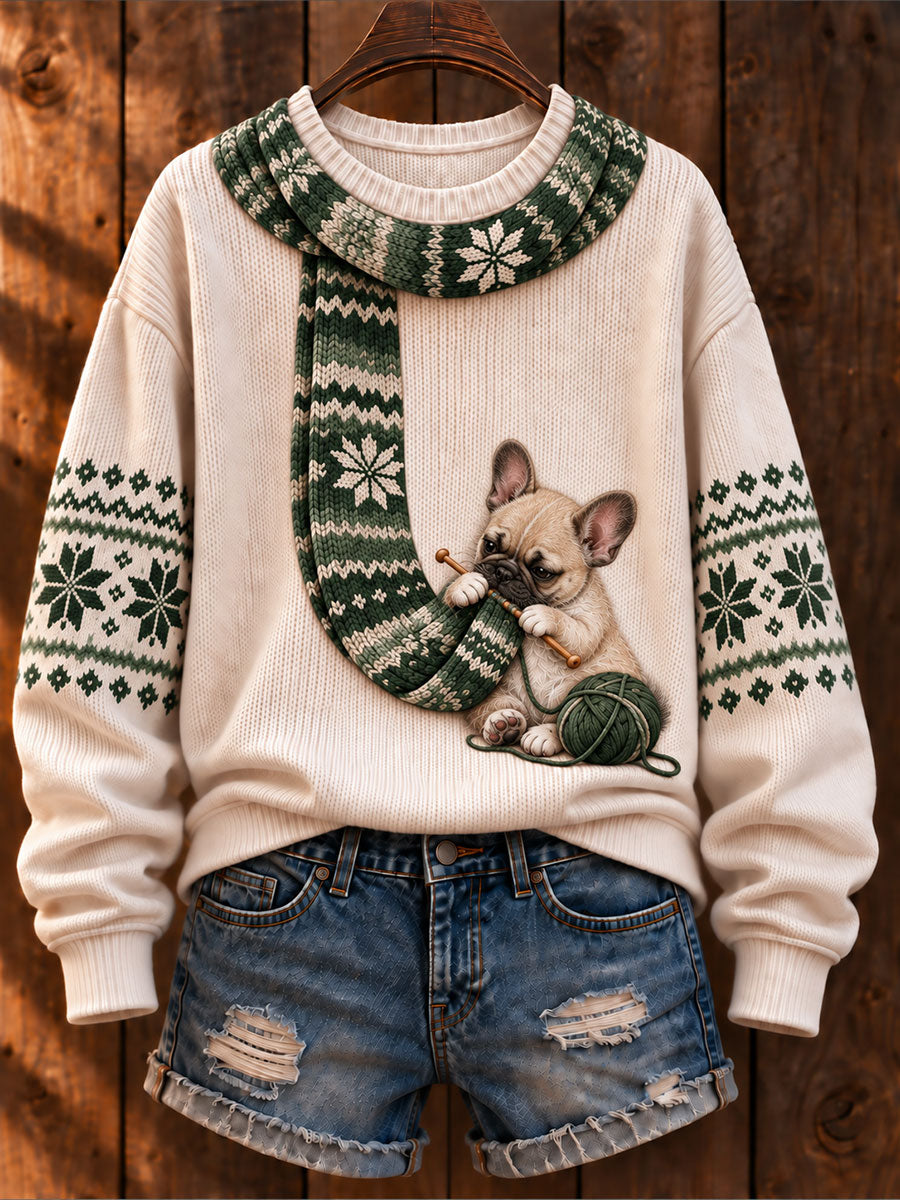Women's "Dog Knitting a Scarf" French Bulldog Art-Print Casual Sweater