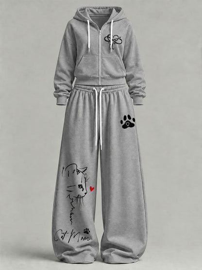 Women's Cute Cat Print Casual Set